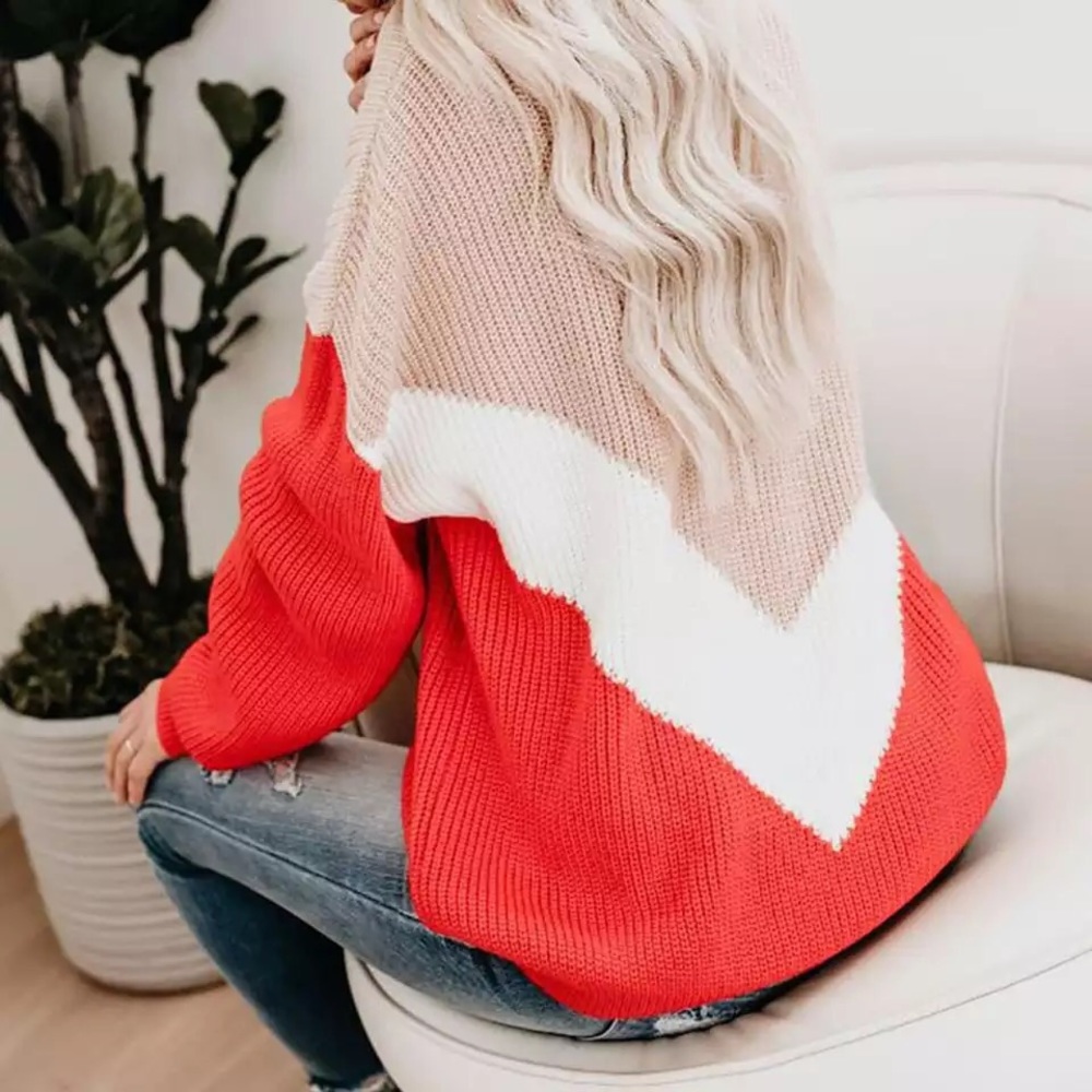 Emerson Beige & Red Oversized Color Block Sweater - Picture 5 of 7